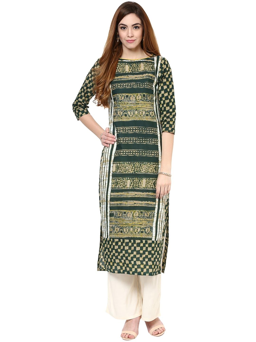 jaipur kurti cotton complete set of green kurta and off white rayon palazzo