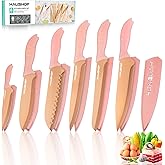 HAUSHOF Kitchen Knife Set, 12-Piece Pink Knife Set with 6 Blade Guards, Non-Stick Coated Stainless Steel Blades for Slicing, Dicing&Cutting, Gifts Knife Set for Dad, Mom, Husband and Wife