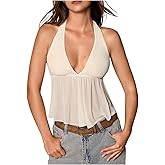 SOLY HUX Women's Tie Backless Sleeveless Halter Tops Deep V Neck Peplum Ruffle Mesh Sheer Summer Crop Top