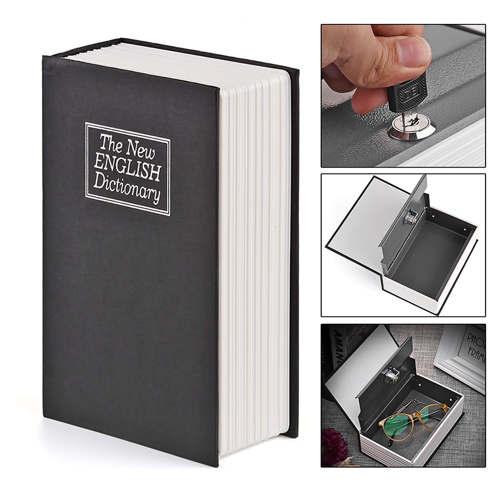 Book Safe With Key Lock, Portable Money Storage Box, 7.1 * 4.7 * 2.3in Hidden Steel Code Secret Book, Diversion Can for Storing Jewelry, Black