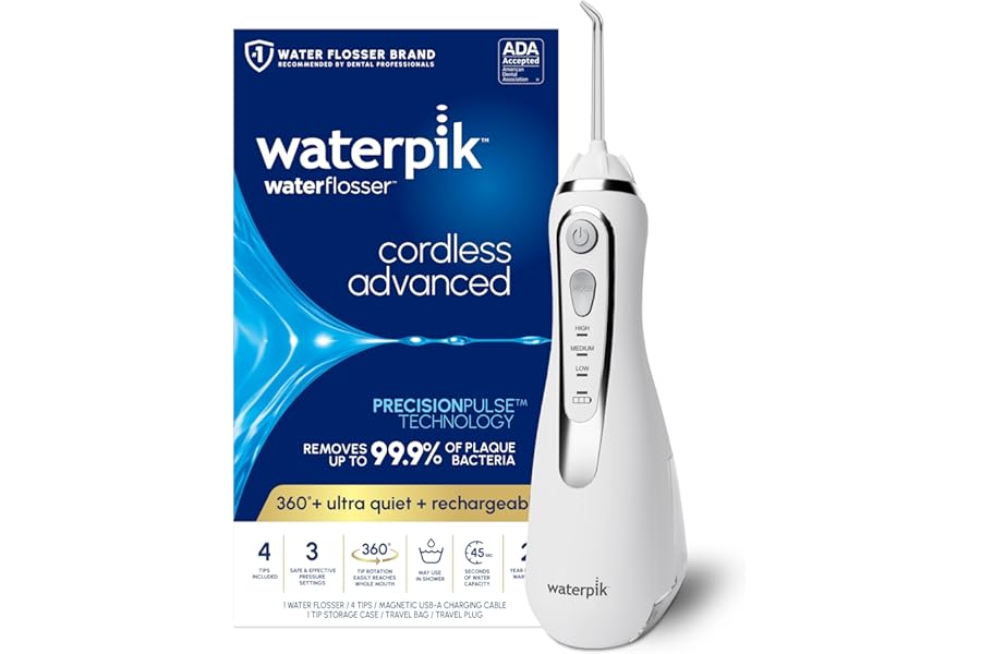 Waterpik Cordless Advanced 2.0 Water Flosser For Teeth, Gums, Braces, Dental Care With Travel Bag and 4 Tips, ADA Accepted, Rechargeable, Portable, and Waterproof, White WP-580, Packaging May Vary