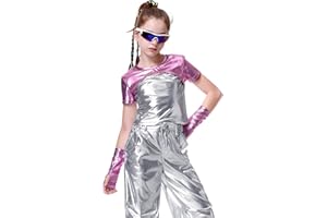 LOLANTA Girls Metallic Shirts with Arm Sleeves Slim Fit Stretchy Shiny Jazz Hip Hop Dance Tops Raves Festivals Costumes