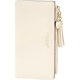 KOTORA Womens Slim Wallet Girls Thin Wallets Pretty Mini Long Card Holder Small Tiny Clutch Zip Purse Love Pendant Tassels Billfold (Beige)