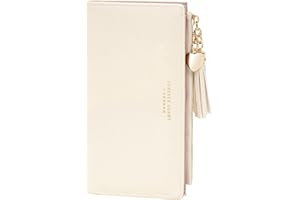 KOTORA Womens Slim Wallet Girls Thin Wallets Pretty Mini Long Card Holder Small Tiny Clutch Zip Purse Love Pendant Tassels Billfold (Beige)