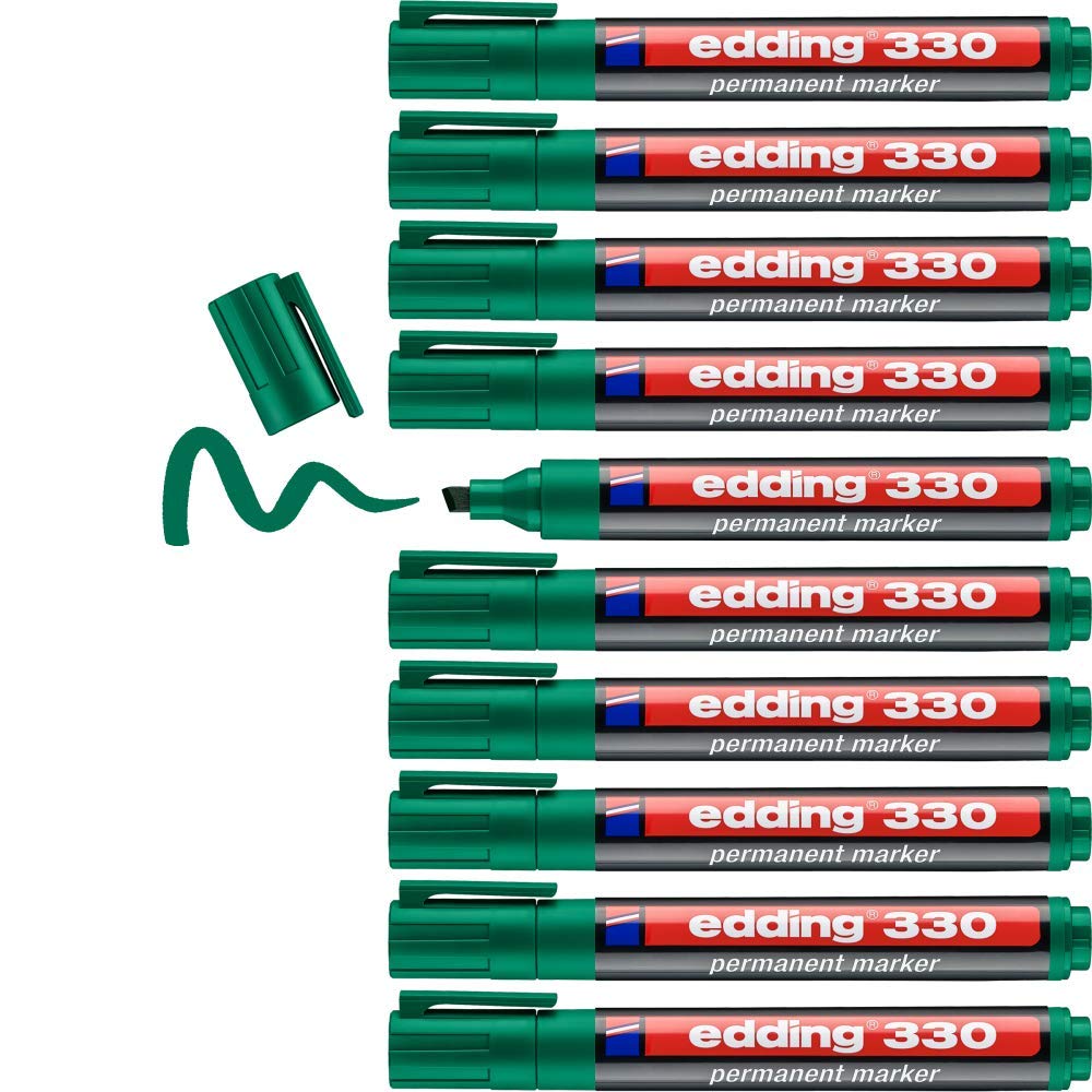 edding 330 permanent marker - green - 10 pens - chisel tip 1-5 mm - waterproof, quick-drying, smear-proof pens - for cardboard, plastic, glass, wood, metal and fabric