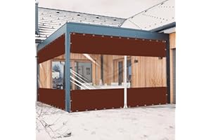 Ezcasch 20 Oz Outdoor Vinyl Curtain with Double Sided Zip, Outdoor Clear Panel Curtain, Weather Resistant Outdoor Curtain for Pergola, Porch, Gazebos, with Rustproof Grommets (8'H x 8'W, Brown)