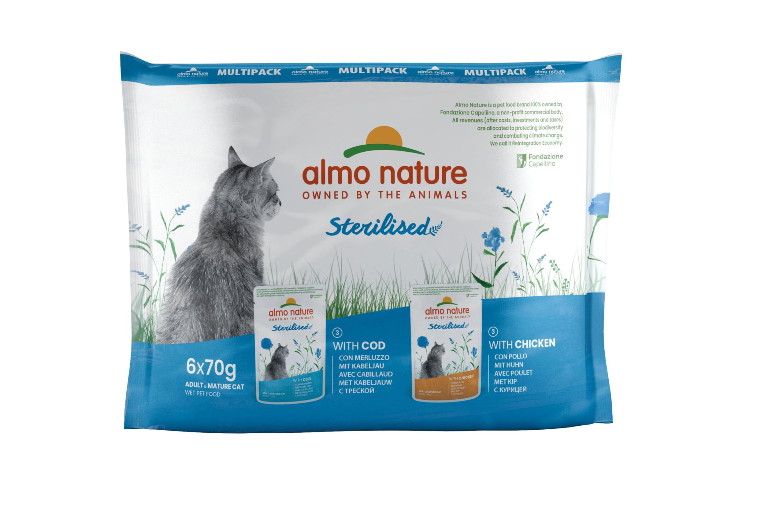 Almo Nature Functional - Sterilised - Wet Food for Adult and Mature, Sterilised or Less Active Cats - with Cod and Chicken - Low Fat Content, Hydrating - 70g (Pack of 6)
