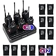 Greaval GV-8S Long Range Walkie Talkies with Six-Way Multi-Unit Charger for Adults, 6 Pack Rechargeable Walkie Talkies with 12 Li-ion Batteries, Two-Way Radio with Earpieces and Mic