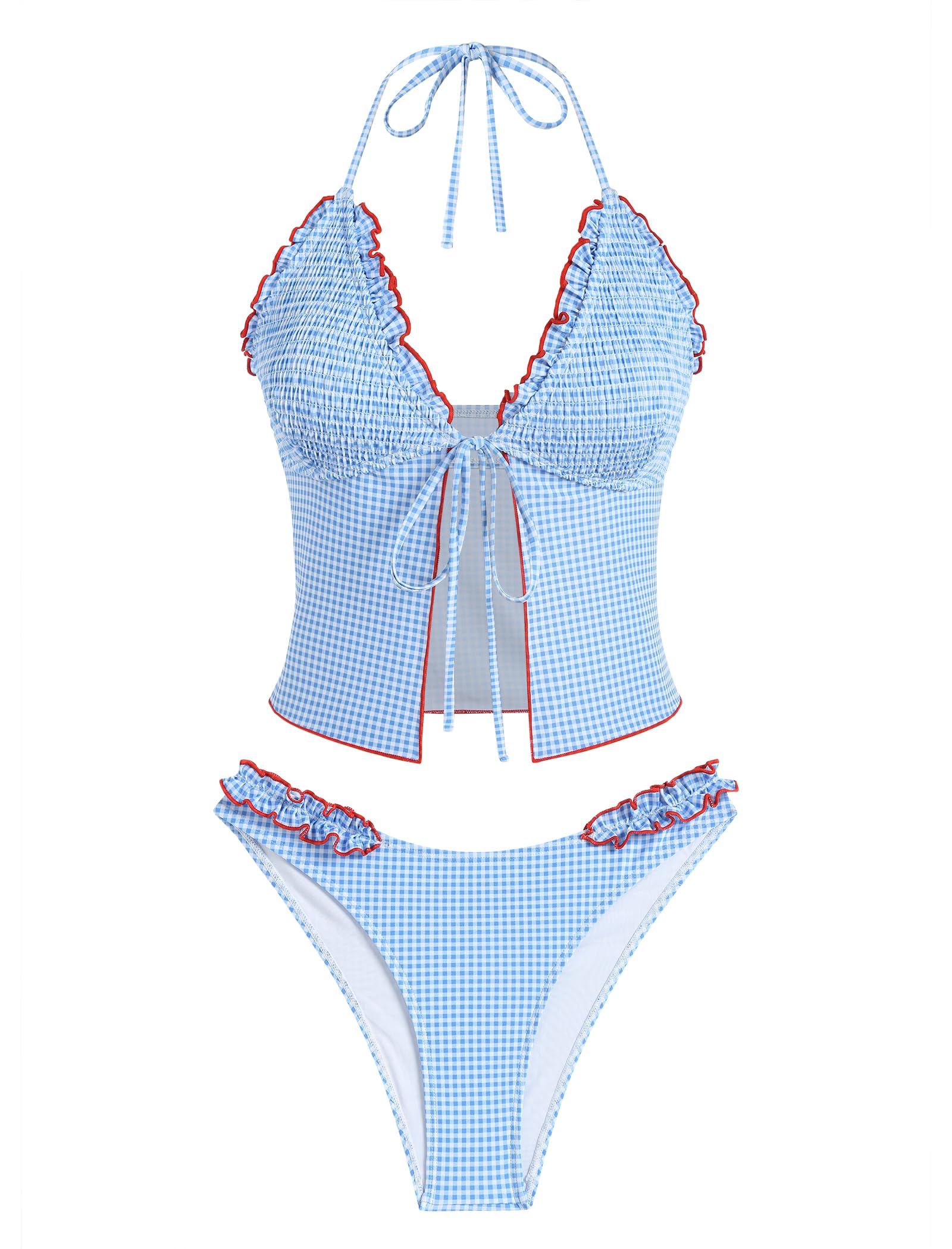 Photo 1 of ZAFUL Tankini Swimsuits for Women Smocked Ruffles Tie Front Bowknot Textured High Cut Tanga Tankini Set(33-Sky Blue, S)