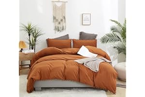 Houseri Pumpkin Color Boho Chic Pom Pom Comforter Set King Size Terracotta Ball Pompoms Bedding Sets Dusty Orange Women Men Caramel Brown Vintage Lightweight Warm Soft Pom Fringe Bed Quilt Sets King