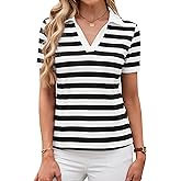 LilyCoco Striped Shirt Women Collared Fitted Short Sleeve Summer Casual T Shirt