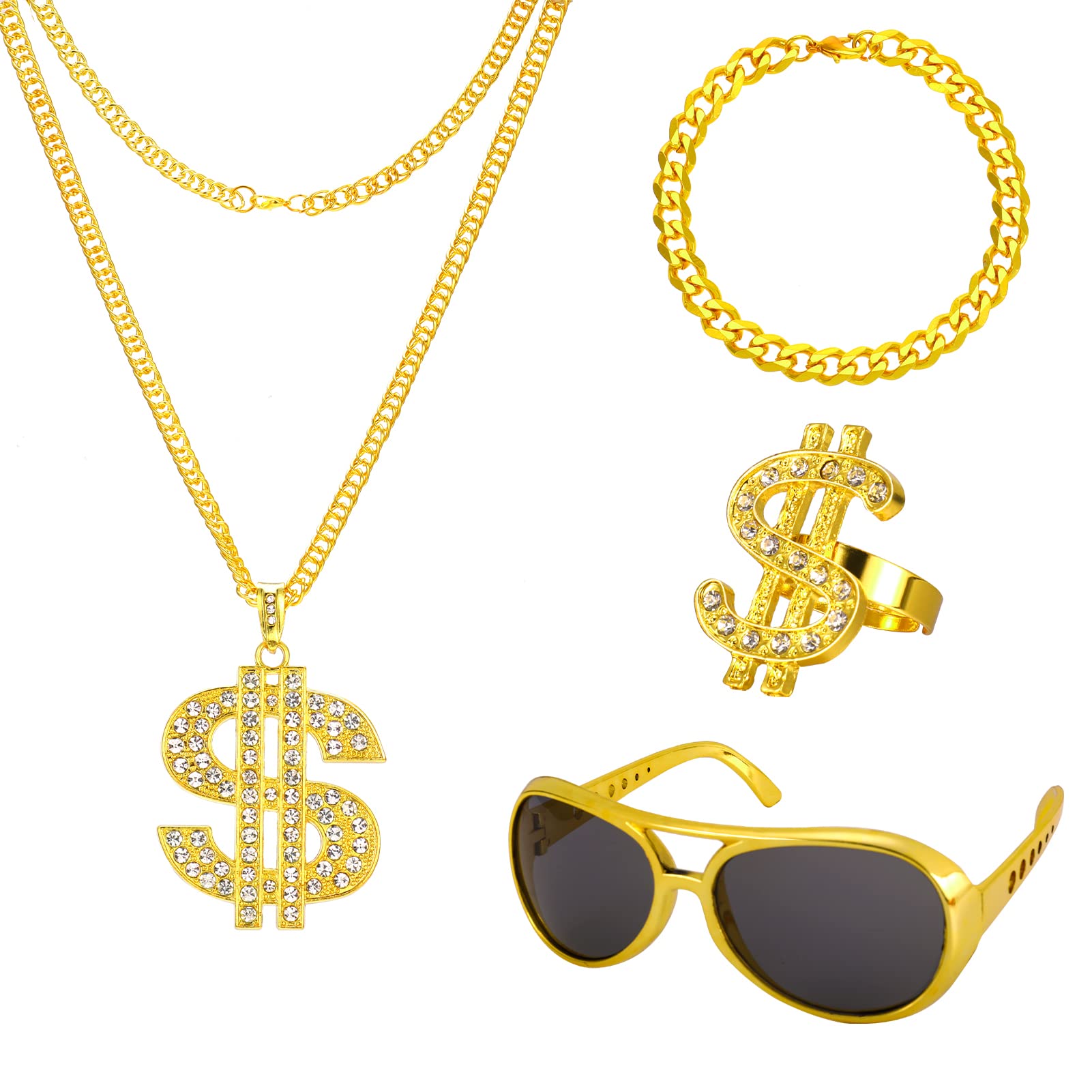 Dacitiery 4Pcs Hip Hop Constume Kit, Dollar Sign Necklace Rings Bracelet Disco Necklace Sunglasses 60s 70s 80s 90s Hip Hop Accessories Party Supplies