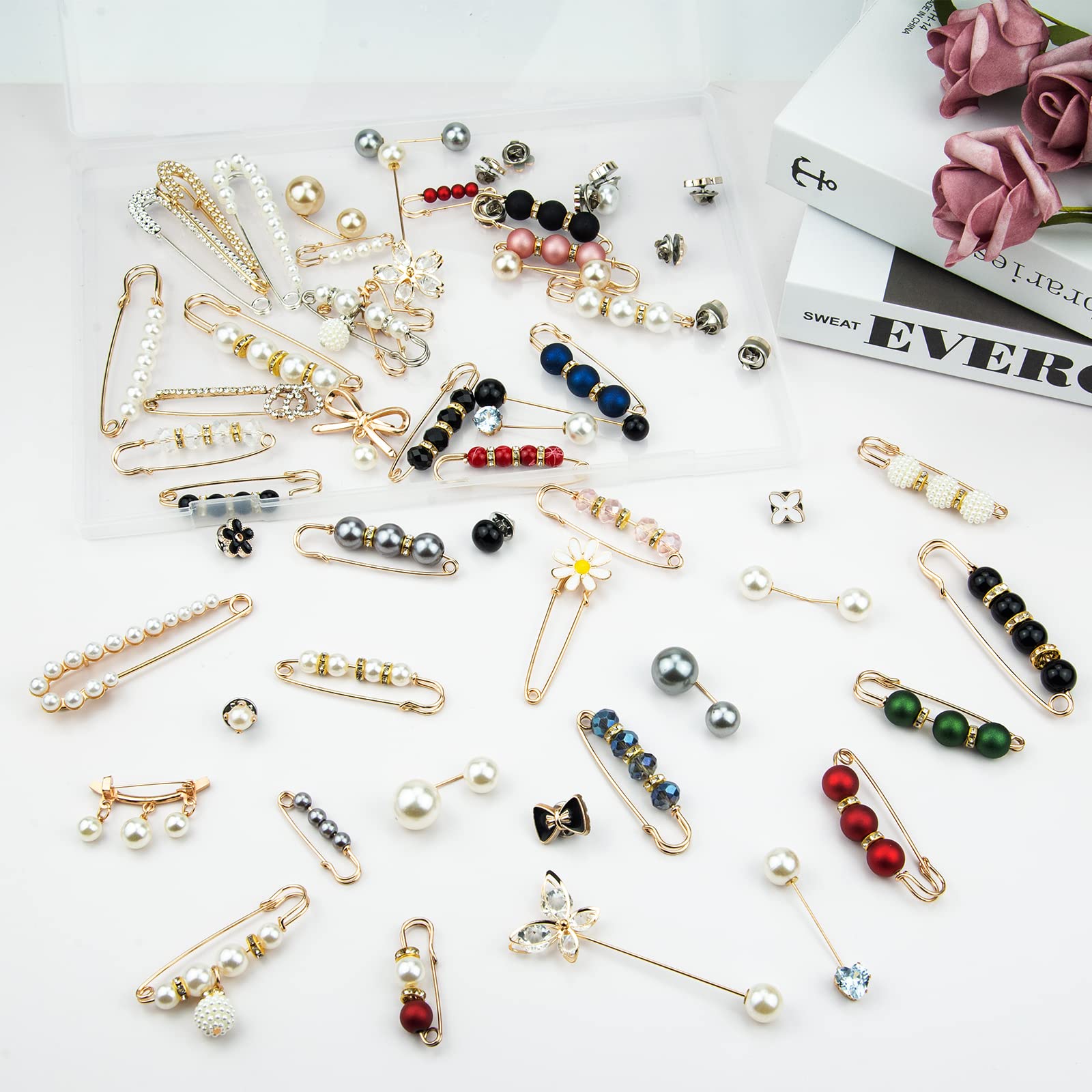 60PCS Brooches Pins, Fashion Brooch Pins for Women Shirt Pant Sweater Shawl Hat Clip Pant Waist Tightener Safety Pins Large Pearl Brooch for Clothes Dress Decoration Accessories