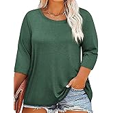ZDC Women's Plus Size Tops 3/4 Sleeve Crew Neck T Shirts Loose Fit Tee Tunic Casual Blouse
