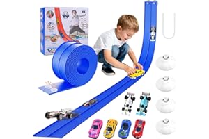 Flexible Race Track Toy - 15ft Portable DIY Flexible Tracks with 6 Small Racecars and 4 Suction Cups, Easy Storage Roll Up Pl