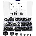 qxayxa Nylon Insert Lock Nuts, 220pcs Nylon Insert Hex Lock Nuts, Nylon Inserted Self Locking Nuts, Carbon Steel Black Locknuts, Hex Drive, M3 M4 M5 M6 M8 M10 M12
