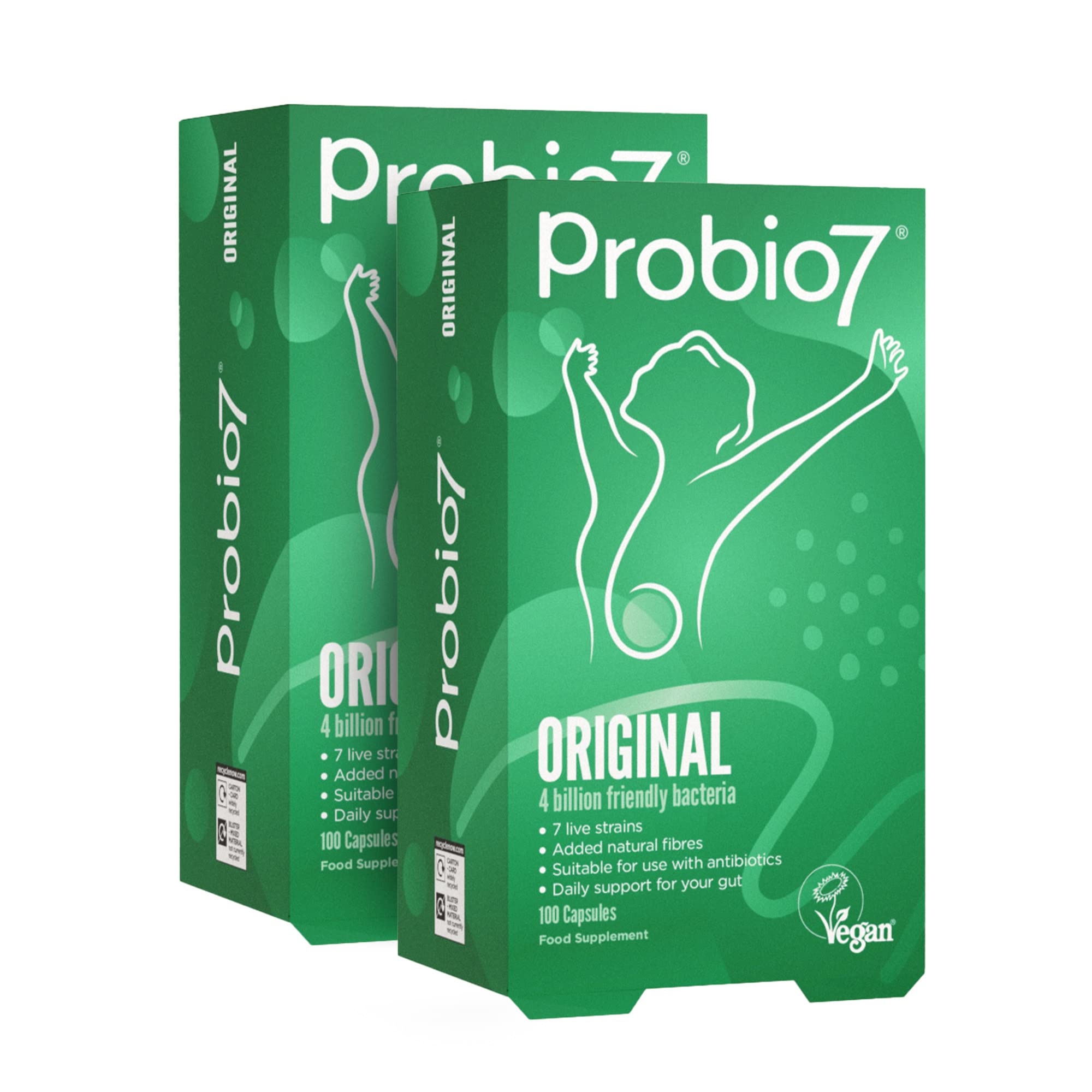 Probio7 Original | Vegan Approved | With 4 Billion CFU, 7 Live Bacterial Strains + 2 Types of Natural Fibre | Digestive Health Supplements, Probiotics for Gut Health, 200 Capsules