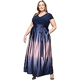 S.L. Fashions Womens Plus Size Cap Sleeve Long Satin Ombre Mother of The Bride Dress with Pockets, Formal Party Gown