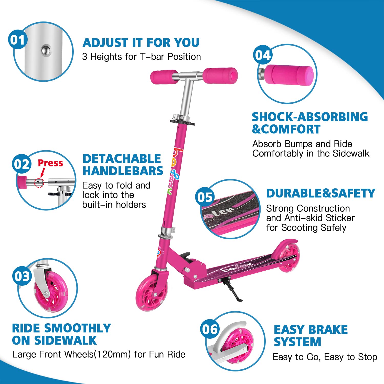 BELEEV V1 Scooters for Kids, 2 Wheel Folding Kick Scooter for Girls Boys, 3 Adjustable Height, Light Up Wheels, Lightweight Scooter with Sturdy Frame, Kickstand for Children 3 to 12 Years Old