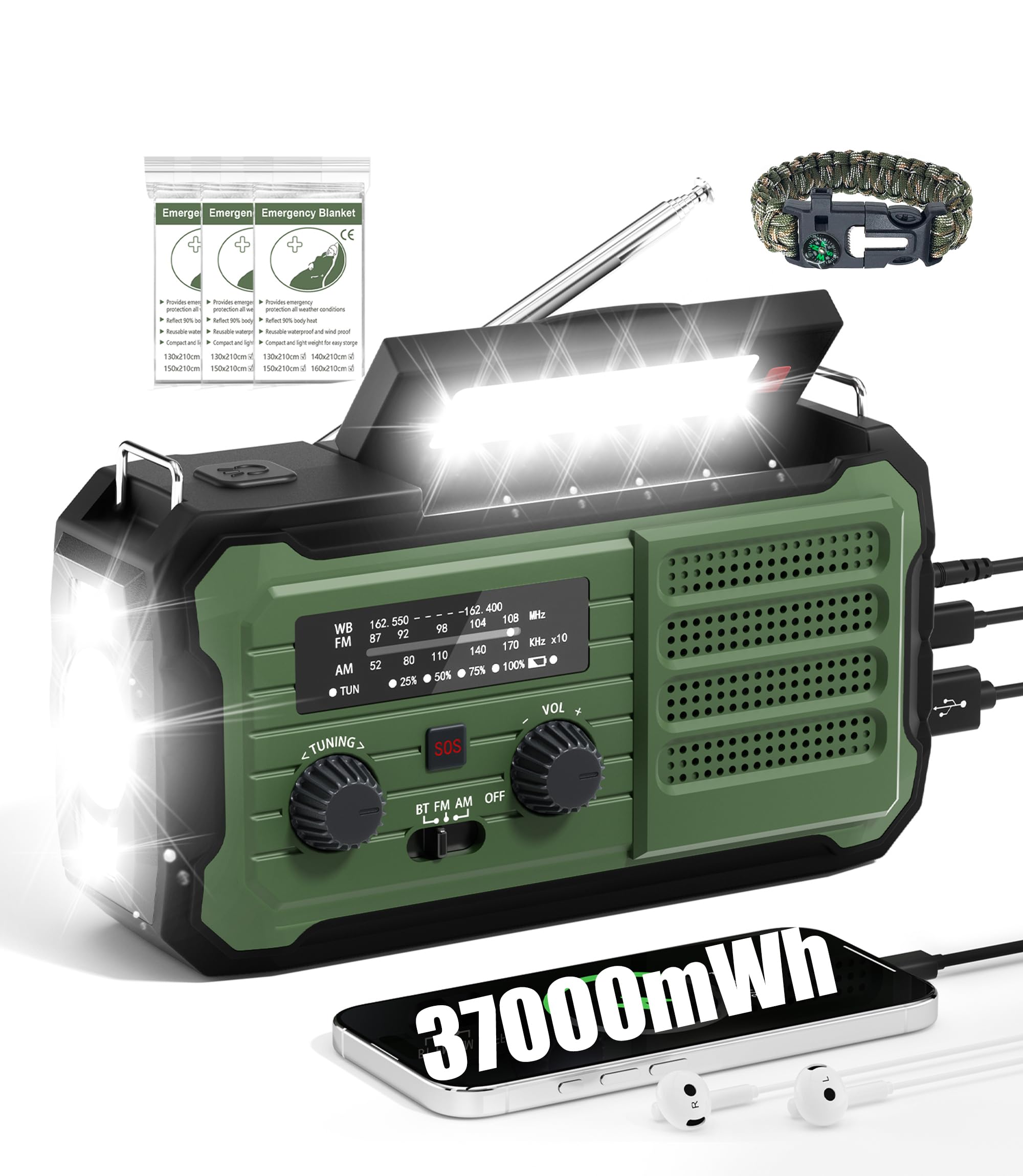 Emergency Radio Hand Crank Solar, 10000mAh/37000mWh Emergency Weather Radio, Hand Crank Solar Radios with NOAA/AM/FM, Thermal Blanket, Survival Bracelet, for Home & Outdoor Image