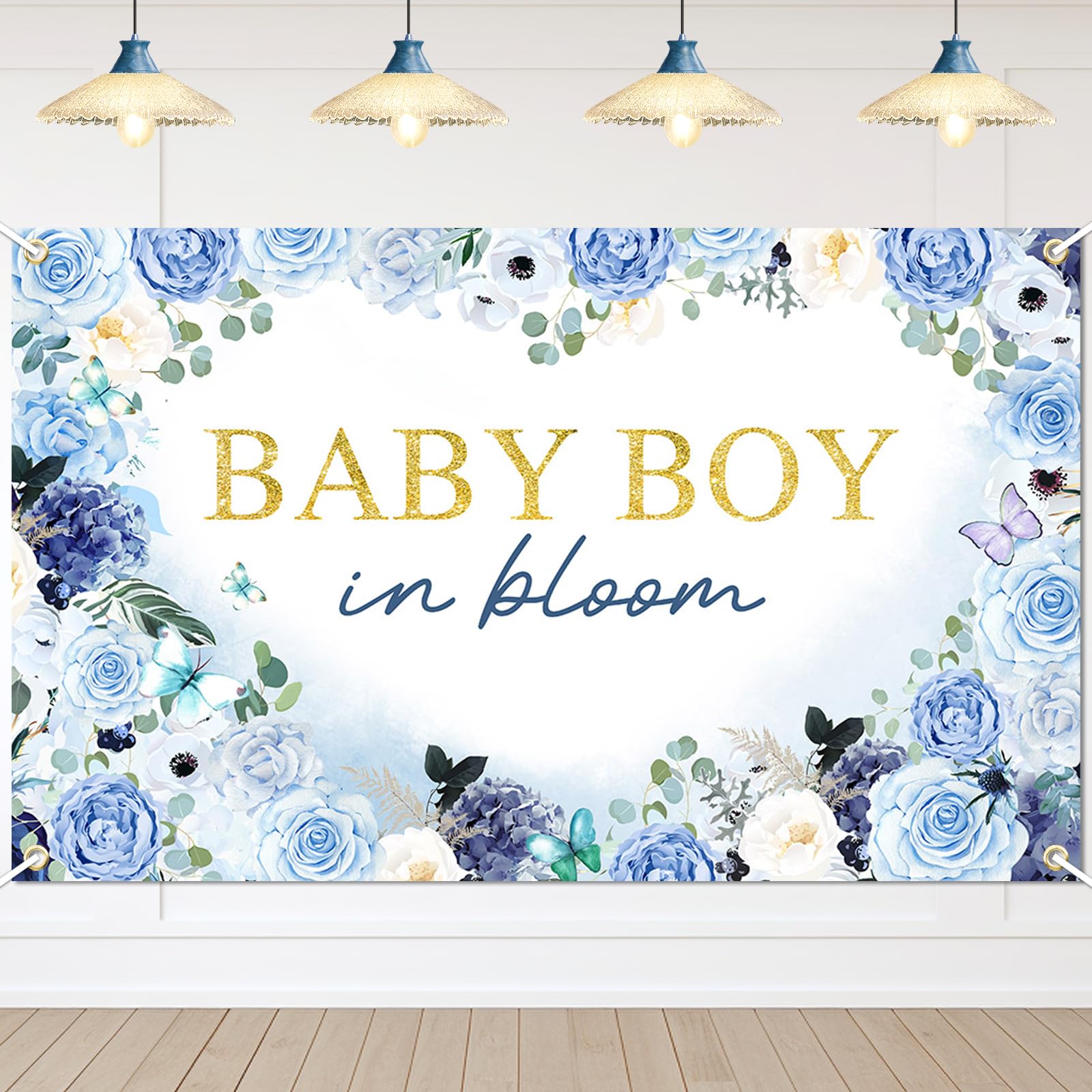 Photo 1 of Avezano Baby Boy in Bloom Backdrop 6x3.6 ft Baby in Bloom Baby Shower Decorations Boy Blue Watercolor Floral Baby Shower Banner Newborn Photography Props