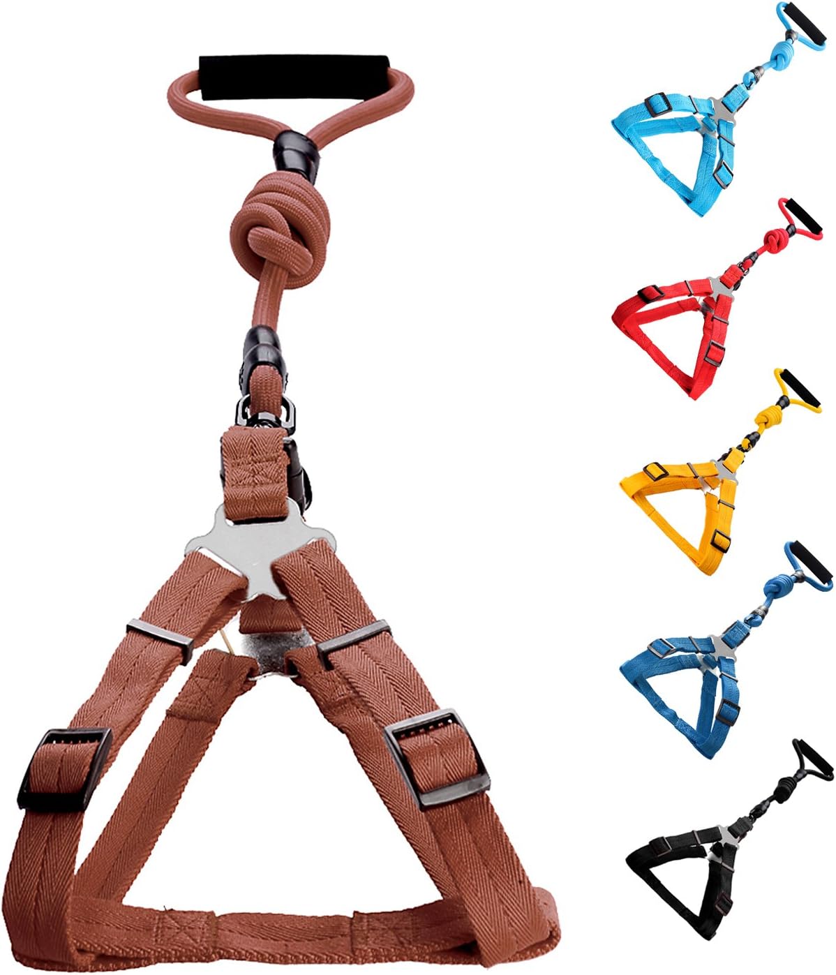 Vicform Dog Harness & Leash Set: Heavy Duty Poly/Nylon Straps/Anti-Twist Leash on Spin Clasp- Durable Braid Leash/Comfort Foam Handle/Bright Colors,Small,Brown