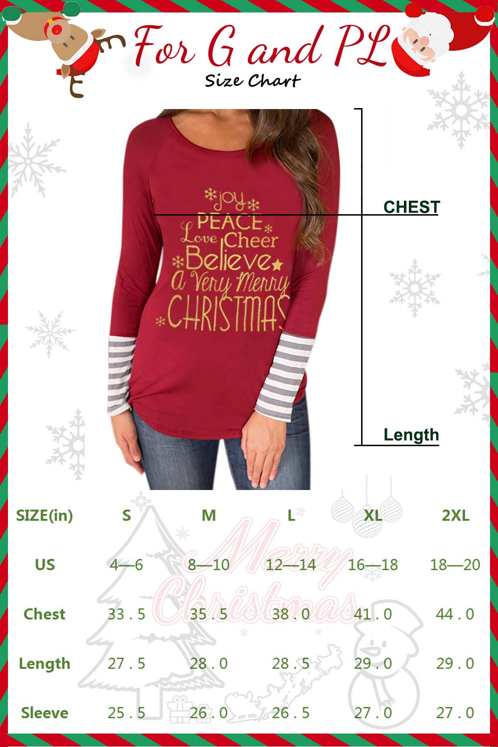 For G and PL Women's Christmas Print Striped Graphic Tops - Image 6