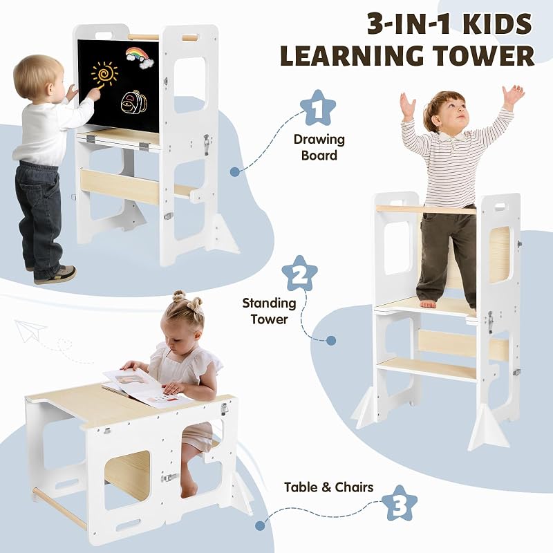 Lernturm ab 1 Jahr, Montessori Learning Tower mit Tafel, 3 in 1 Multifunktion Lernturm Klappbar, Umkippschutz Farbblockiertes Tritthocker Kinder-Weiß&Holz