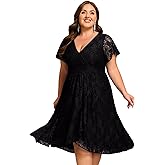 Ever-Pretty Plus Women's Summer V Neck Short Ruffles Sleeves Lace Midi Plus Size Cocktail Party Formal Dresses