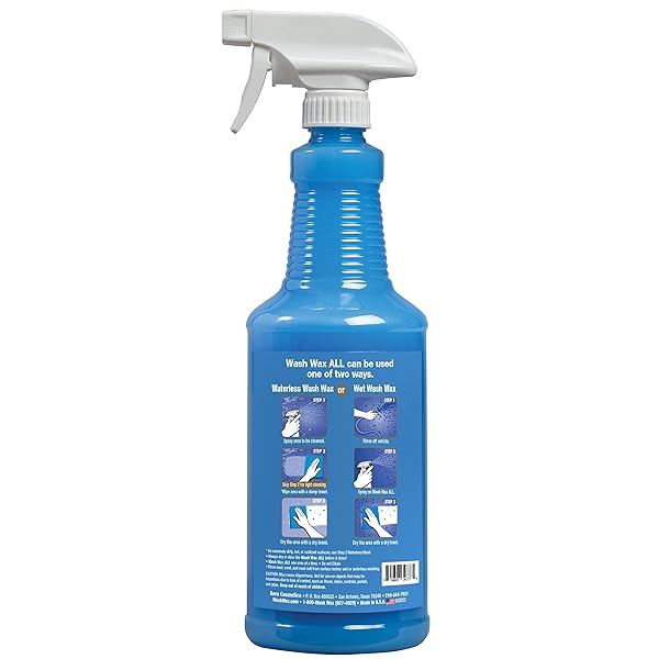 WET OR WATERLESS CAR WASH WAX 32 FL. OZ, UV PROTECTION. CLEANS, PROTECTS, AND SHINES. AIRCRAFT QUALITY JUST SPRAY ON AND WIPE DRY ANYWHERE, ANYTIME, HOME, OFFICE, SCHOOL, GARAGE, PARKING LOTS.