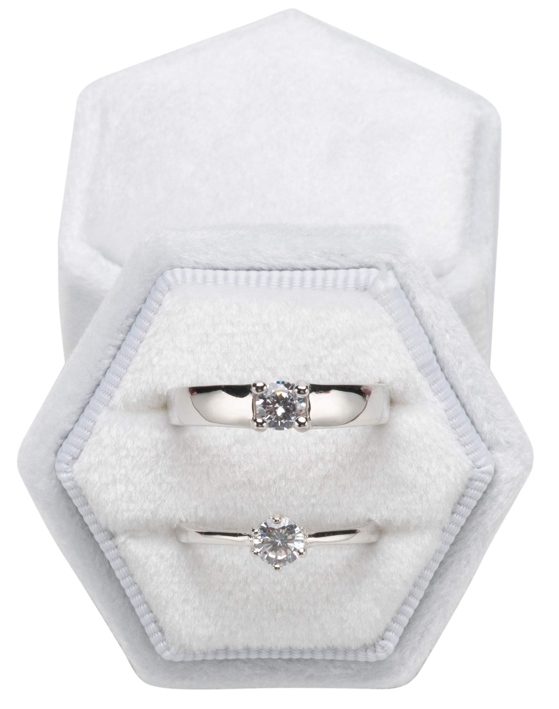 POKOFO Vintage Hexagon Velvet Bearer Box Double Ring with Detachable Lid (White)