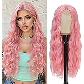 YBYMCAI Pink Wig - Long Pink Wavy Wigs for Women Middle Part Pastel Pink 26 inch Natural Curly Synthetic Wig Heat Resistant Fiber Wigs for Daily Party Use