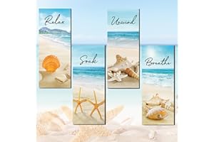 ZINYAZHE 4 Pieces Beach Bathroom Decor Ocean Beach Wall Decors Relax Soak Unwind Breathe Blue Wall Art Hanging Sign Seashell Starfish Wooden Sign for Bathroom Living Room Laundry Spa Washroom(beach, 10x4 Inch)