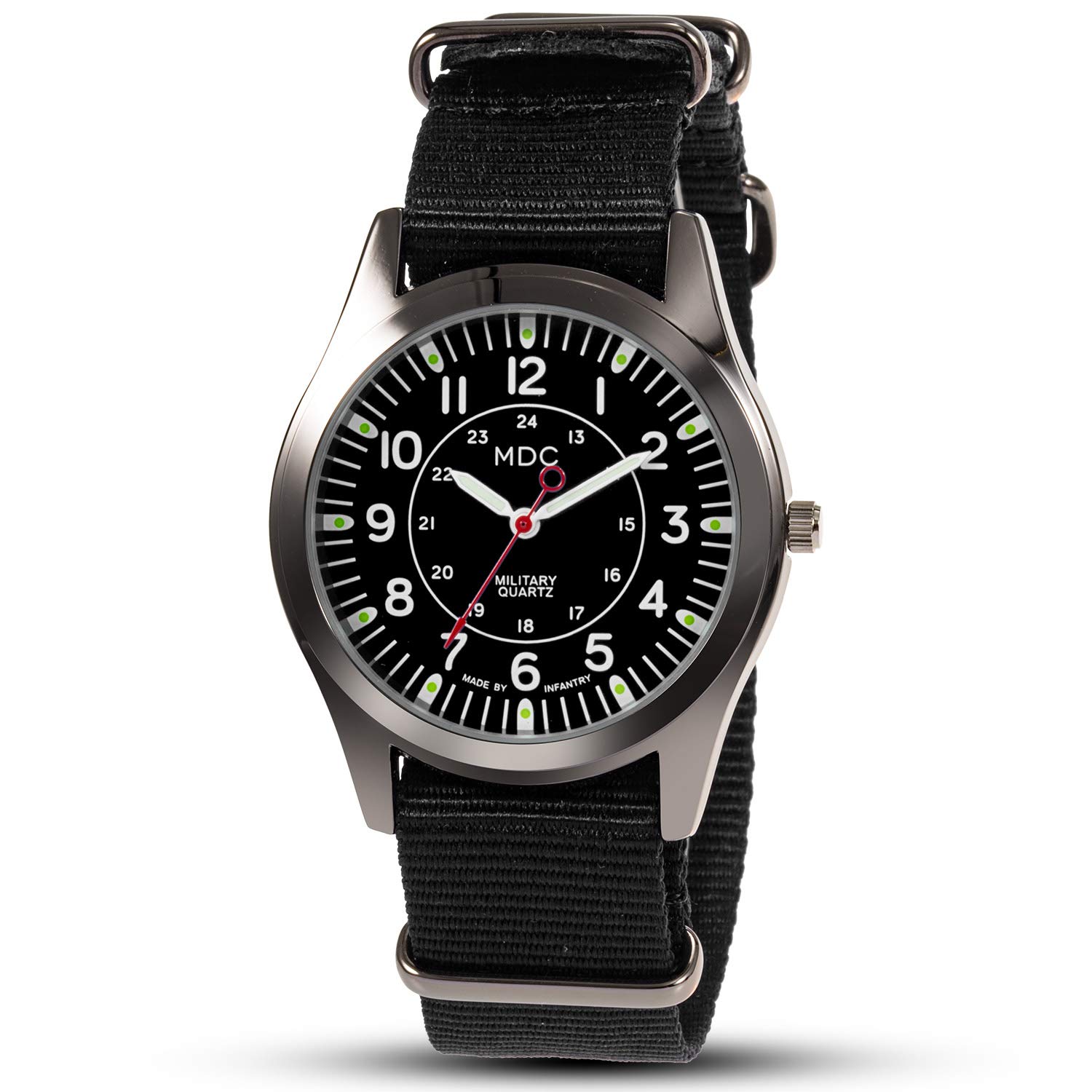 Infantry Mens Military Watch,Analog Field Watch for Men,12/24 Hour Army Tactical Wristwatch,Japanese Quartz Movement,Lightweight Black Nylon NATO Strap,Ideal Work Watch Waterproof