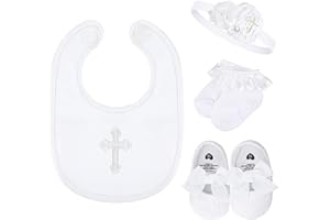 Vinsatin 4 Pcs Baptism Costume Outfits for Girl Includes Shoes Socks Headband U Shaped Bib for First Communion