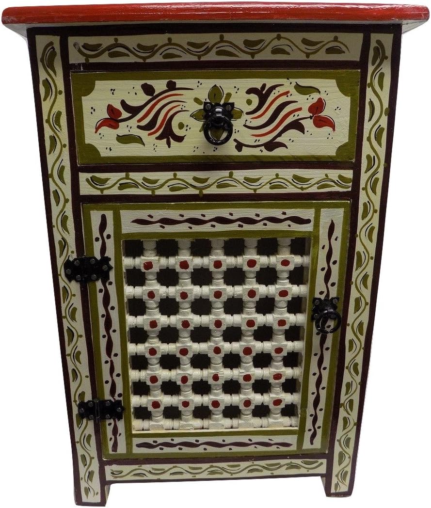 Handpainted Moroccan Moucharabi Design Nightstand in Ivory
