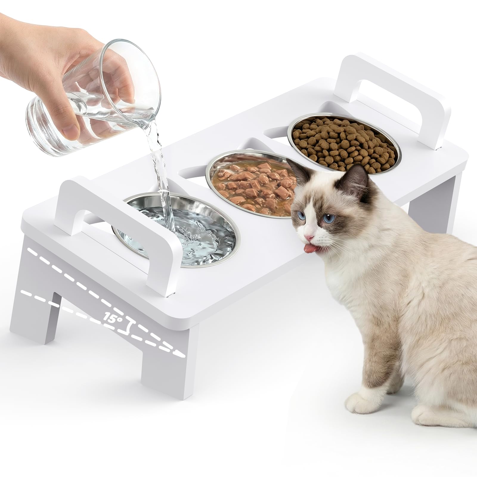 Elevated Cat Food Bowl, 3 Stainless Steel Raised Bowls with Stand, White |  eBay