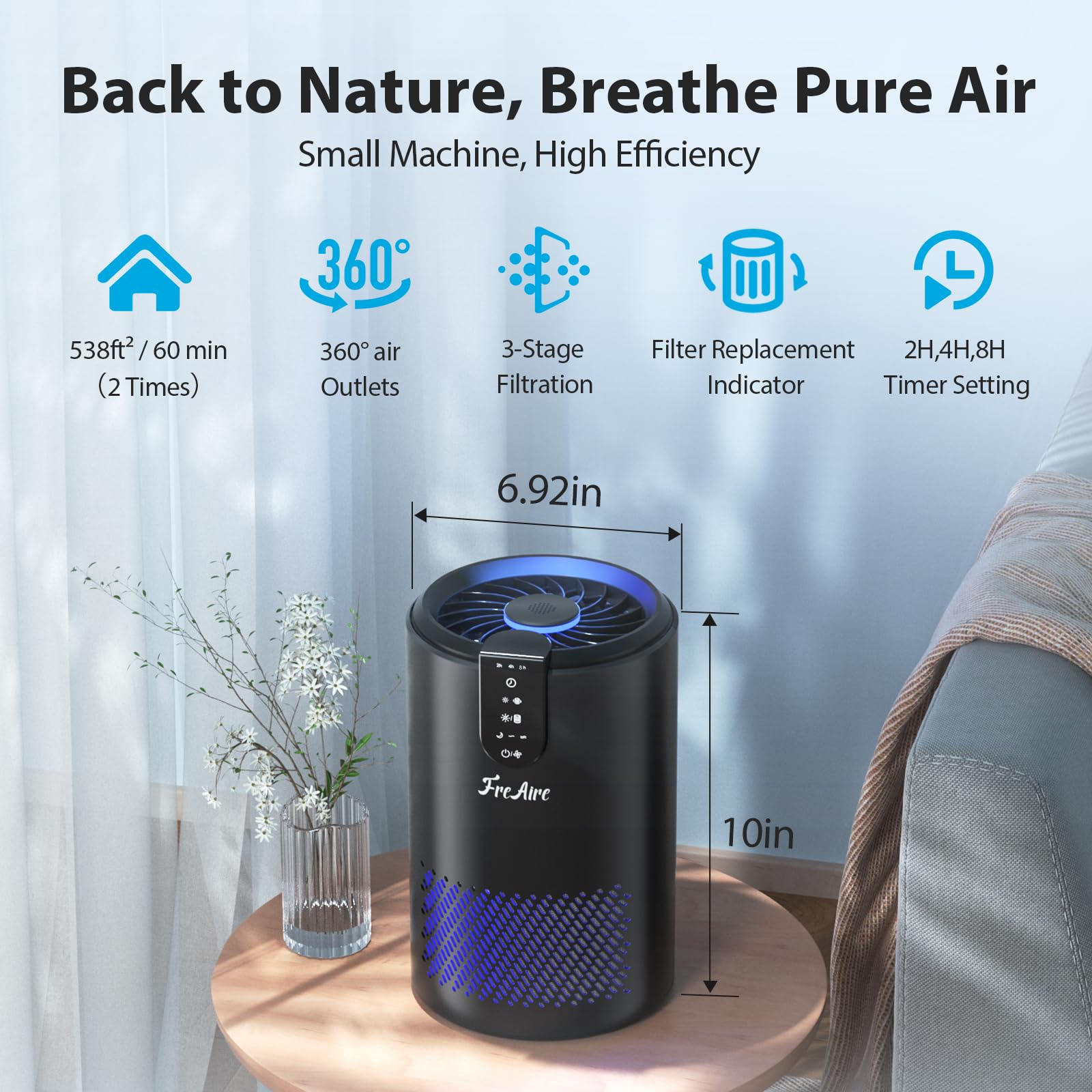 FreAire Air Purifiers for Home, Air Purifiers for Bedroom Up to 538 Ft²/h, Room Air Purifier with 3-in-1 Filter for Smoke Pet Dander Odors with Sleep Mode Timer Fragrance for Bedroom Office Kitchen - Image 3