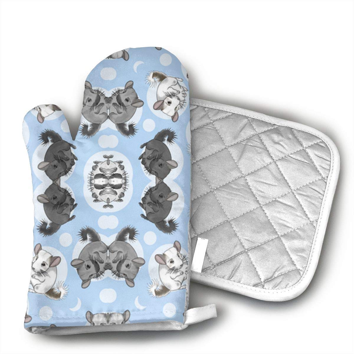 YUBZMD Small Blue Chinchillas and Moon Oven Mitts and hot Pot mat for Cooking Grill