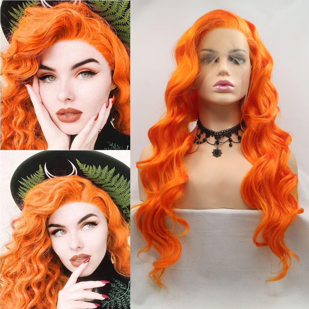 AFBeauty Pastel Ginger Wigs for Women Long Wavy Ginger Orange Wig Natural Hairline Lace Frontal Heat Resistant Fiber Soft Hair For Daily Wear