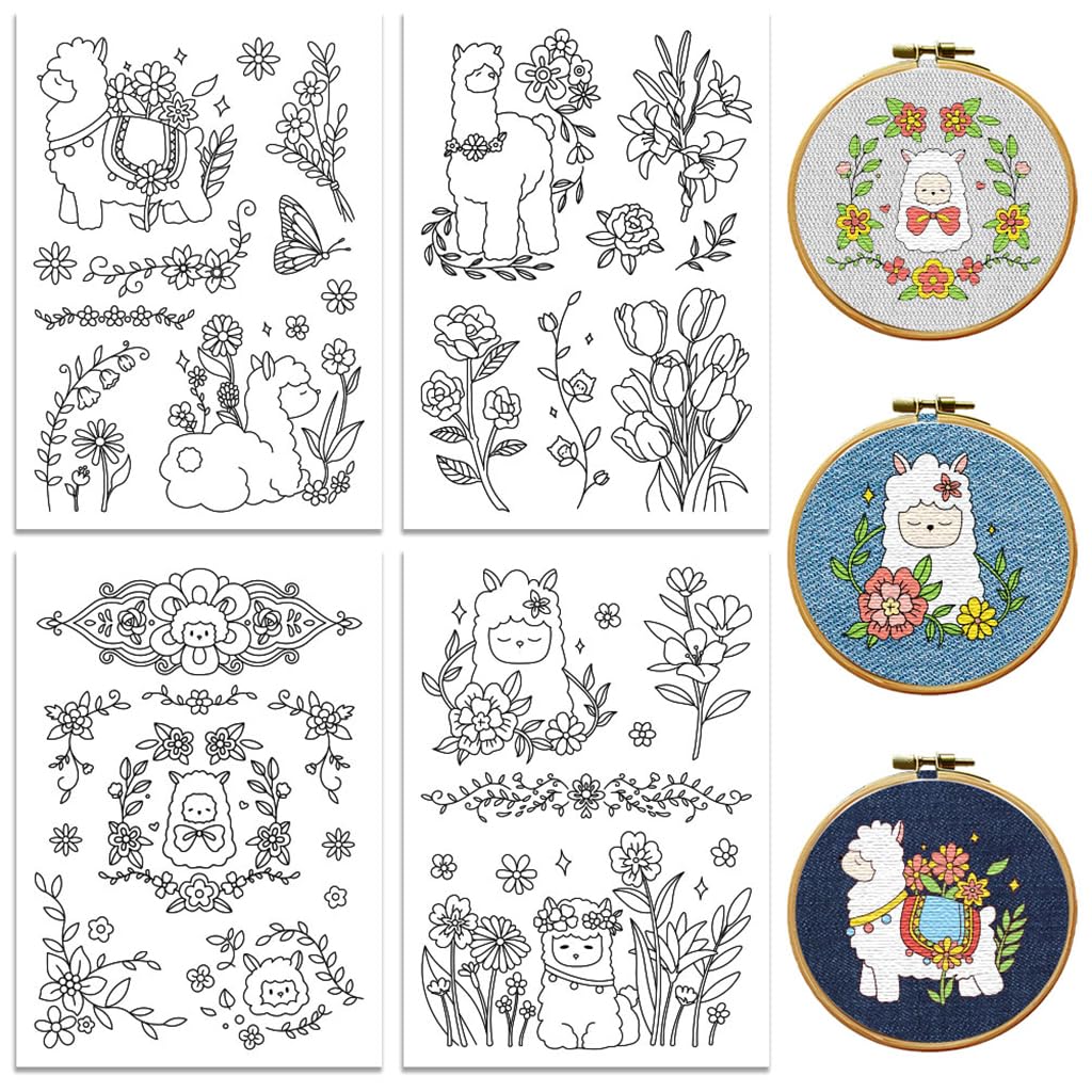 peacoblue Water Soluble Embroidery Patterns for Beginners 4 Sheets Alpaca with Flowers with 31pcs Patterns, Wash Away Stick and Stitch Dissolvable Embroidery Paper for Hand Sewing Lovers Women Adult โ image 1