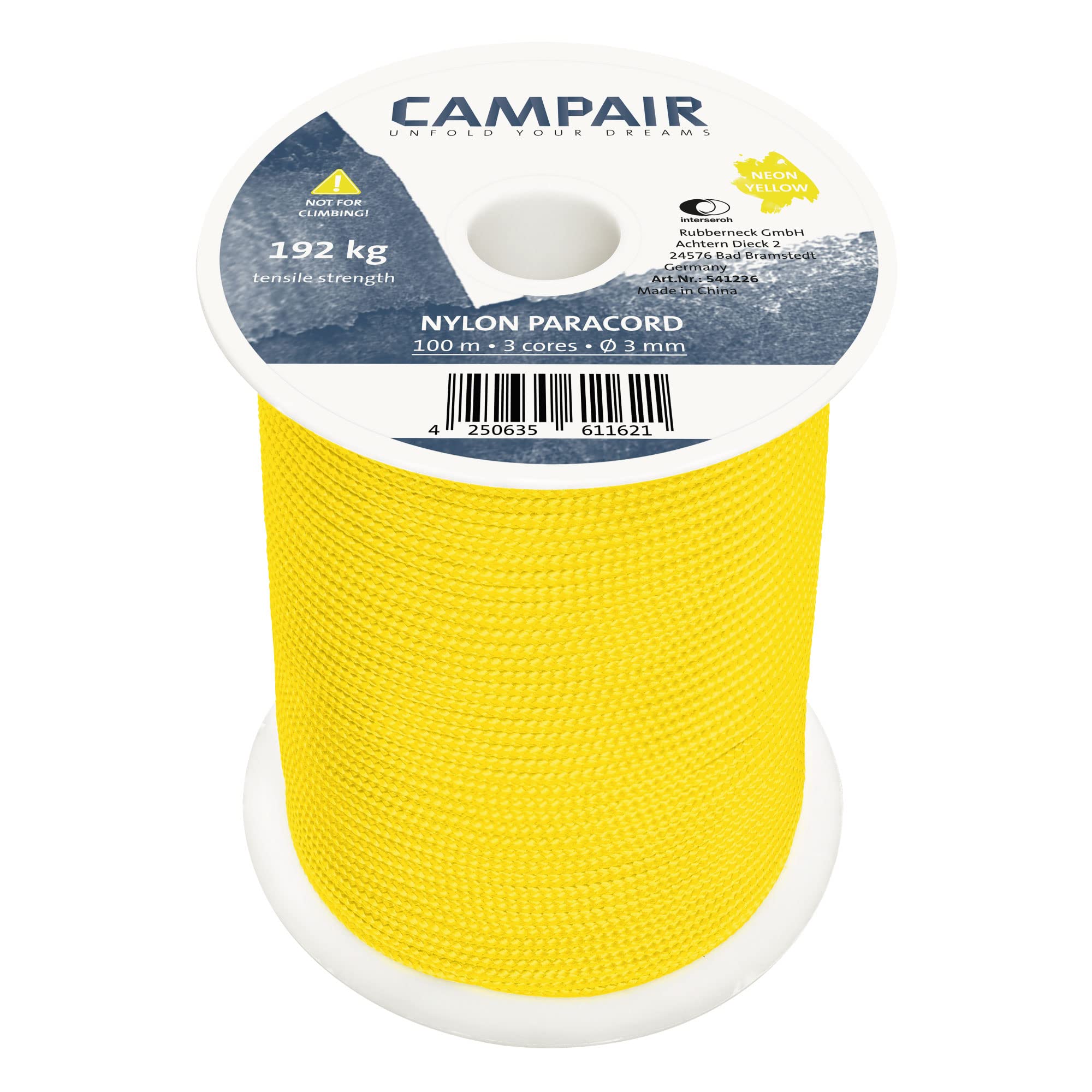 CampAir 100m Reel of Nylon Paracord 425 Type II 3mm - for Camping, Do-it-yourself, Hammock, Tent (Neon Yellow)
