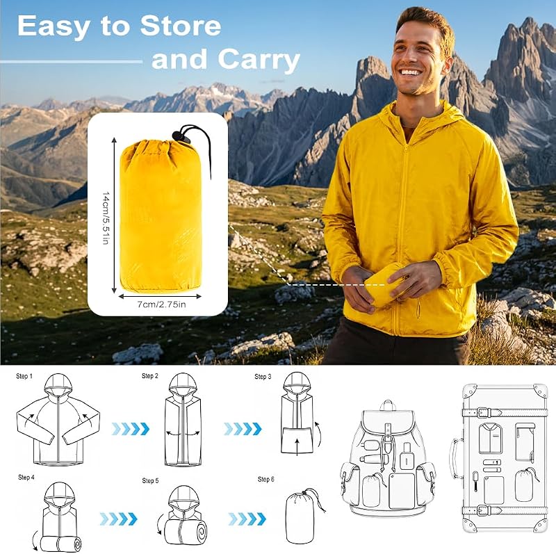 Regenjacke Faltbar Kapuze Wasserdichte, Sportjacke (Hellgelb, M)