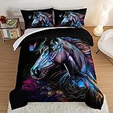 HOSIMA 3 Pieces Art Horse Comforter Set with 2 Pillowcases,Wildlife Horse Butterfly Black Comforter Boys Teens Aesthetic Room Decor,Animal Bedding Twin Bed in a Bag Sets for Adults.