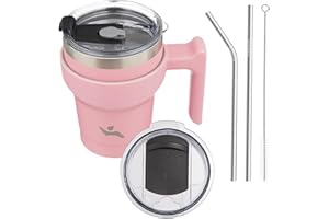Konokyo 10oz Tumbler with Handle and 2 Straw 2 Lid, Insulated Water Bottle Stainless Steel Vacuum Cup Reusable Travel Mug, Light Pink