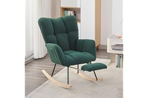 FOXHUNTER Nursery Rocking Chair - Teddy Upholstered Glider With Adjustable Footrest, High Backrest, Padded Recliner for Reading and Bedroom (Green)
