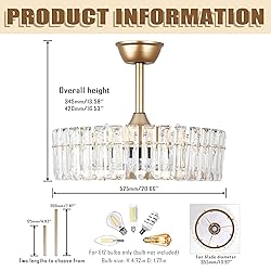 YPQXYHDA 20.7" Modern Crystal Ceiling Fan with