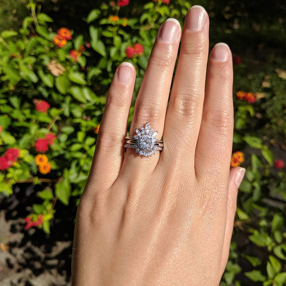 Amazon Com Twobirch Sterling Silver Cubic Zirconia Delicate Floral Tiara Design Border Ring Guard Round Halo Engagement Ring Cz Duo Stackable Ring Set Jewelry