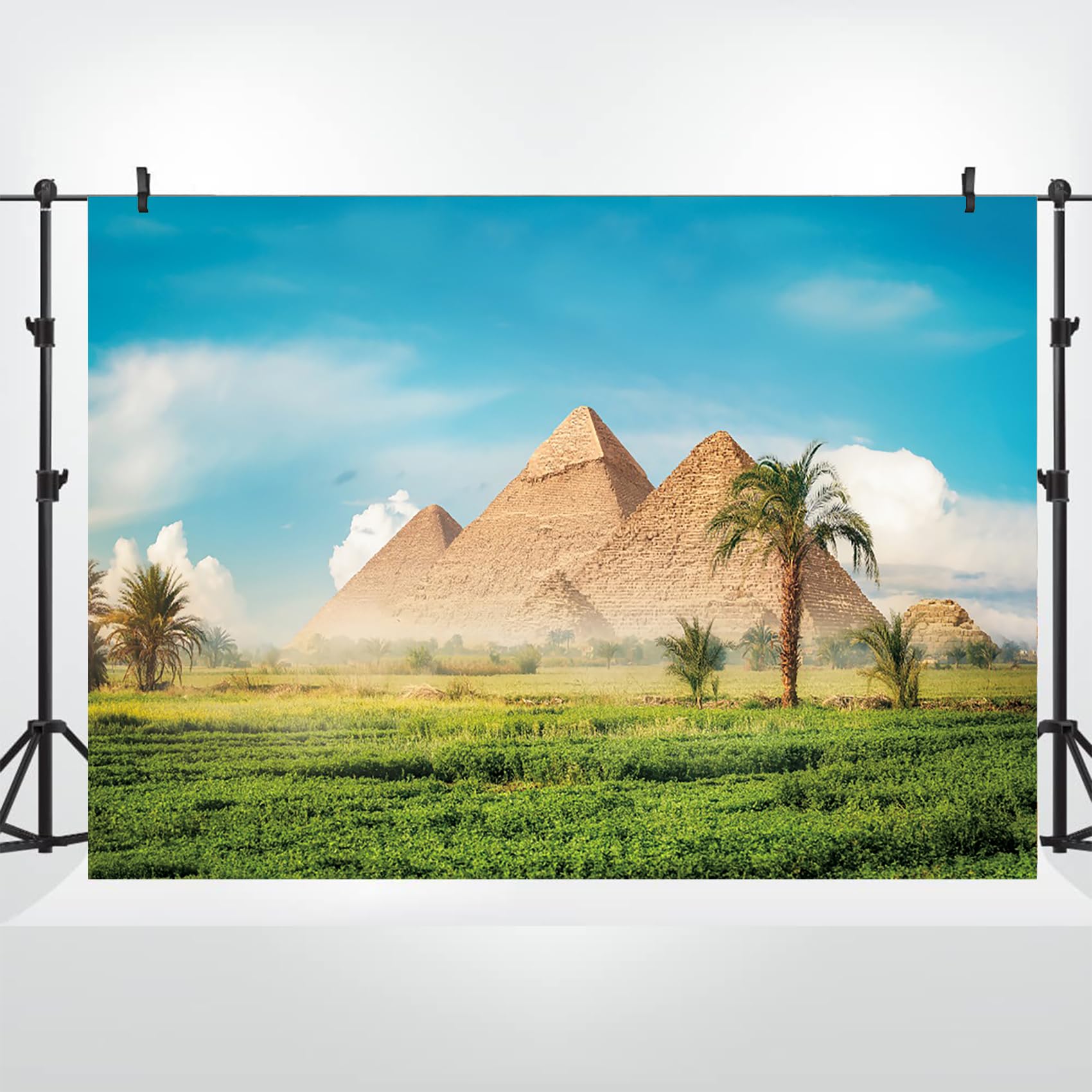 Bovlleetd Egyptian Pyramid Backdrop 7x5ft Vinyl Blue Sky Ancient Egypt Trees Grass Photography Background Coconut Tree Backdrop for Adult Kid Travel Vacation Portrait Photoshoot Studio