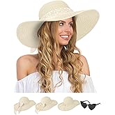 Senker Fashion Sun Hats for Women, Wide Brim Floppy Beach Straw Hat for Summer Travel Vacation Foldable with Sunglasses